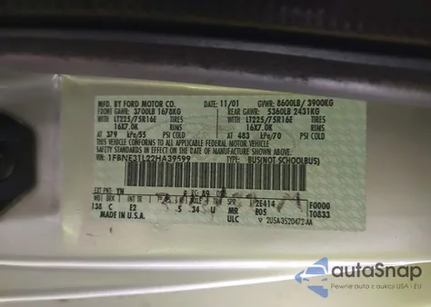 2002 Ford E-350 Super Duty Xl/Xlt from USA, damaged, VIN 1FBNE31L22HA39599